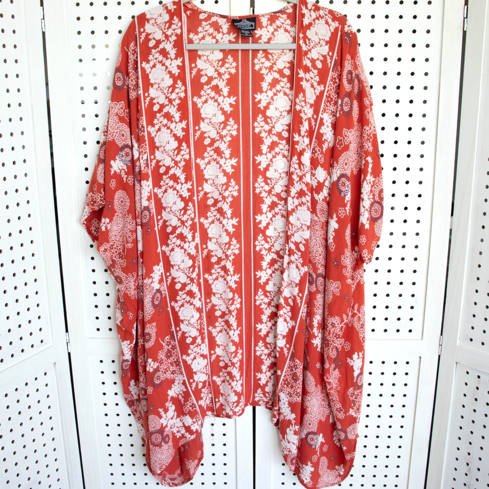 Angie Floral Open Front Kimono SIZE L Boho Lightweight Cover-up Orange